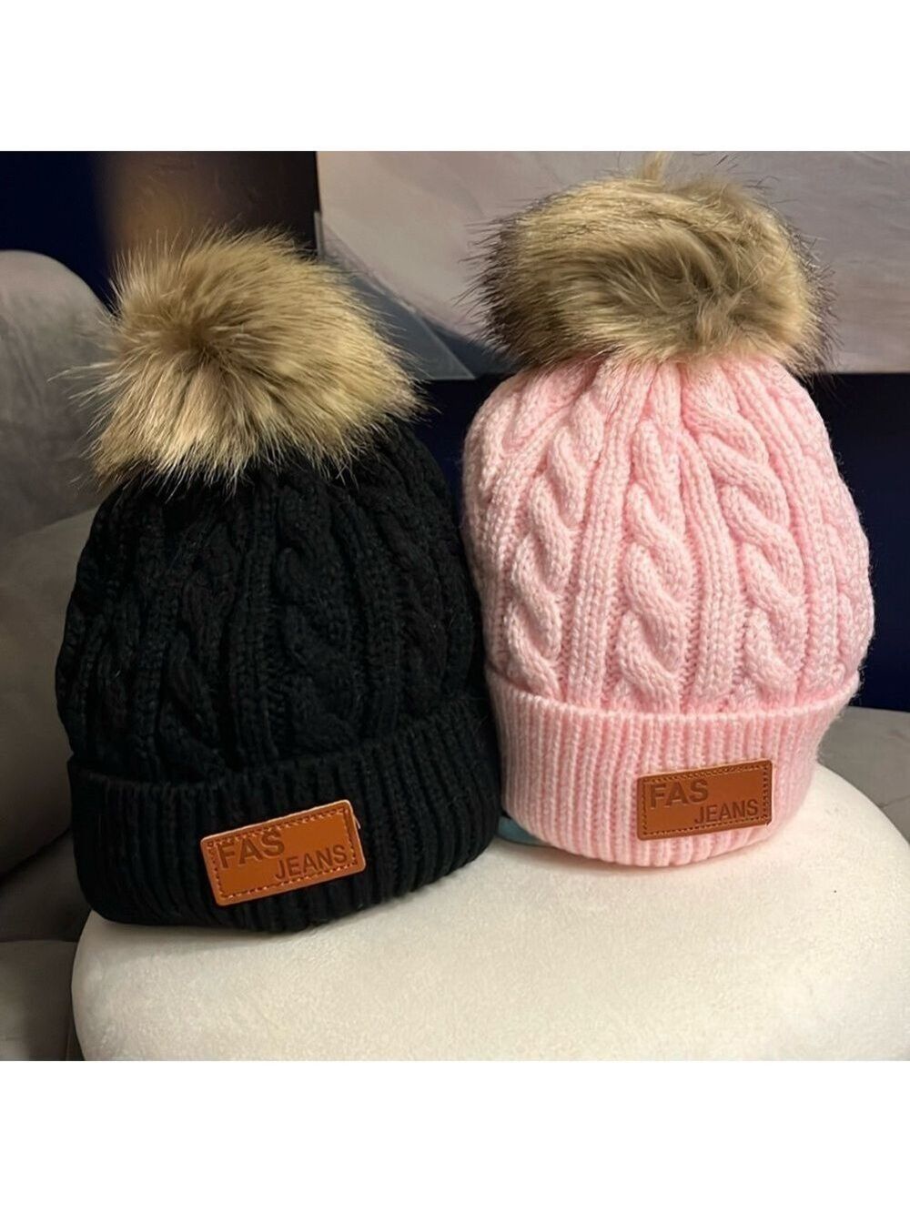 NWOT Pair (2) of Fas Jeans toddler beanies with Pom Pom